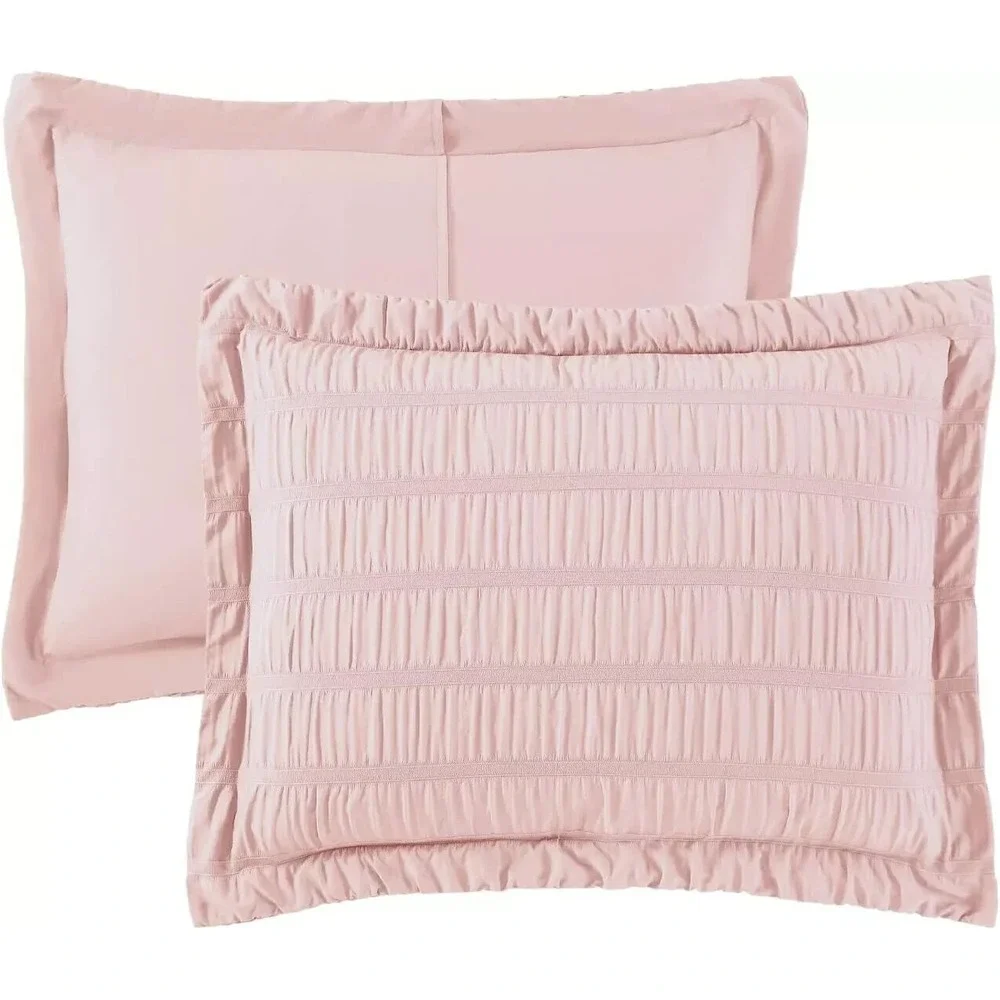 Pink Seersucker Comforter Set King Size (104X90 In), 3 Pieces Crinkle